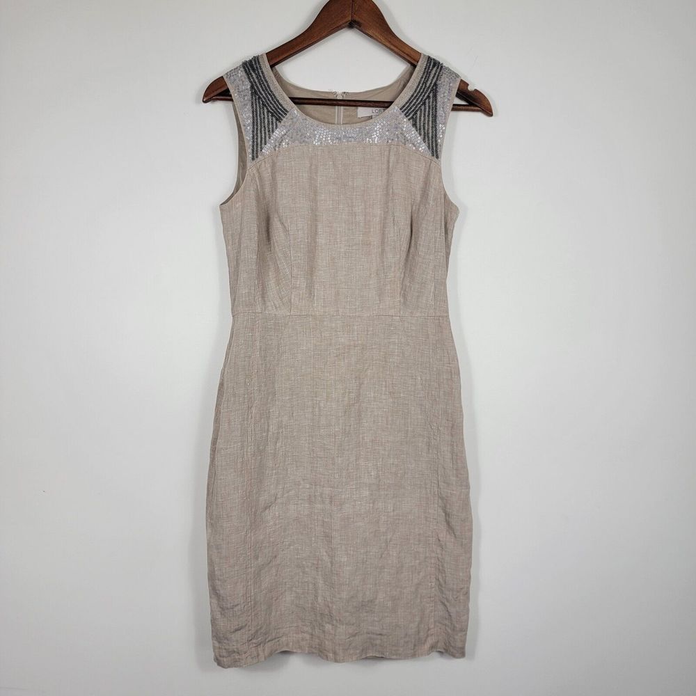 Ann Taylor LOFT Sz 4 Dress 100% Linen Beaded Sequin Sleeveless Sheath Women's